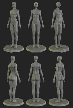 six different views of a female mannequin in various poses, all showing the same size and shape