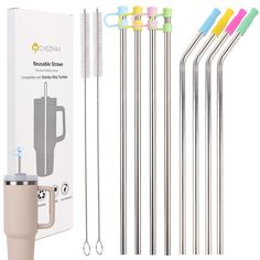 six stainless steel drinking straws and four reusable straws in the box