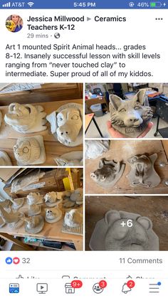 several pictures of clay animals and pottery on a table with text that reads, art 1 mounted spirit animal heads, grade 8 - 12 inspired from never touched clay to