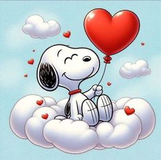 a snoopy with a heart balloon sitting on top of a cloud in the sky