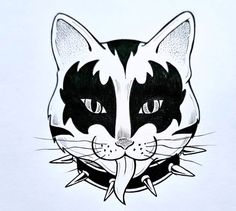 a black and white drawing of a cat's face with its tongue hanging out