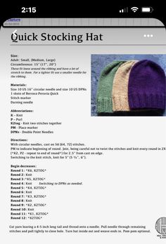 a knitted hat is shown on an iphone screen, with instructions for knitting it