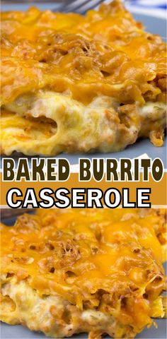 baked burrito casserole with cheese on top and in the middle, before and after it has been cooked