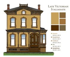 an architectural drawing of a victorian house with brown trim and windows, including the front door