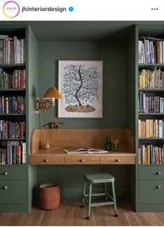 a room with green walls and bookshelves filled with lots of bookcases