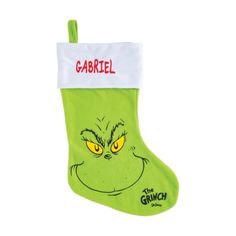 a green christmas stocking with the grin face and name garbiel on it