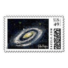 a postage stamp with an image of a spiral galaxy