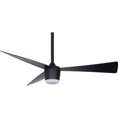 a black ceiling fan with a light on it's side and blades in the middle