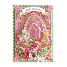 a pink christmas card with flowers on it