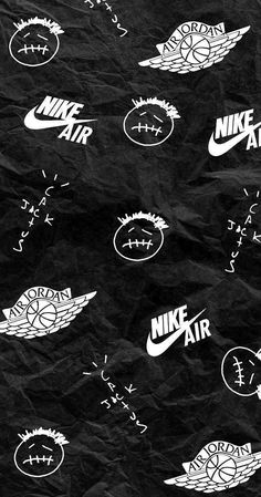 black and white nike wallpaper with various logos on it's backgrund