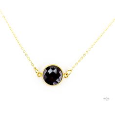 This beautiful, classy, and alluring black chalcedony & gold chain necklace is a must-have for your collection! This lovely black and gold necklace is very versatile and adds a touch of elegance to any outfit. Shimmering, faceted black chalcedony stone and gold twist vermeil bezel.The 18K gold-plated chain. The necklace is 19 inches long. Gold Onyx Necklace With Adjustable Chain, Black Round Minimalist Charm Necklaces, Black Gemstone Necklaces For Party, Minimalist Black Charm Necklaces, Minimalist Black Round Charm Necklaces, Gold Onyx Necklace For Party, Minimalist Black Charm Necklace, Elegant Black Charm Necklace For Party, Black Jewelry With Delicate Round Chain