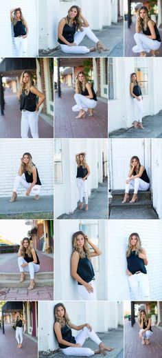 a collage of photos showing the same woman in white pants and black tank top