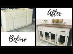 before and after photos of an old buffet cabinet with wood top, white paint on the doors and bottom