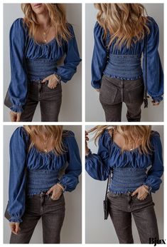 Bjux - V Neck Denim Blouse with Delightful Ruffles and Puffed Sleeves Denim Blouse, Puffed Sleeves, Puff Sleeve, Sleeve Styles, Ruffles, Shirt Blouses, Dark Blue, Top Blouse, Solid Color