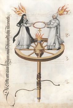 an illustration of two people holding hands over a fire wheel