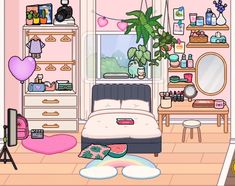 a bedroom with pink walls and lots of clutter