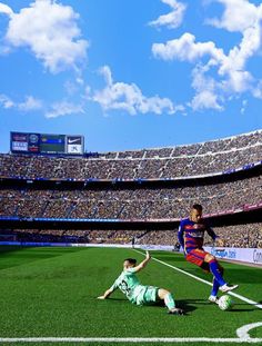 two men playing soccer on a field in front of an empty stadium filled with people