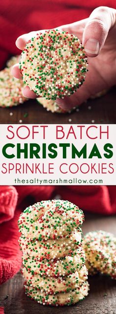 soft batch christmas sprinkle cookies are stacked on top of each other and ready to be eaten