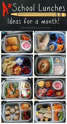 six pictures of different lunches in plastic containers with food inside each compartment and on the other side