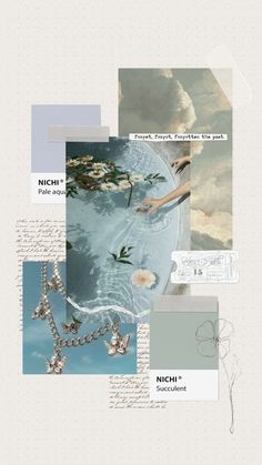 a collage of images with words and pictures on them, including flowers in the sky