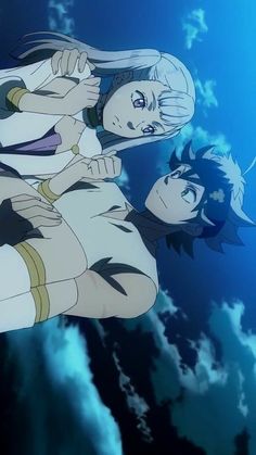 two anime characters are standing in the water together, one is holding his head back