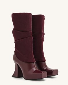 Reyna Square Toe Platform Knit Boots - Claret Red Maroon Boots Outfit Winter, Low Heel Boots For Women, Fitted Winter Mid-calf Boots With Platform, Burgundy Ankle-high Heeled Boots For Winter, Winter Boots With Red Sole In Synthetic Material, Winter Burgundy Ankle-high Heeled Boots, Formal Winter Boots With Red Sole, Winter Party Platform Boots With Sculpted Heel, Winter Fitted Platform Boots With Padded Ankle