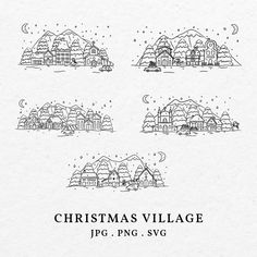 the christmas village line art is drawn in black and white, while it's surrounded by snow