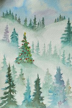 a painting of a christmas tree in the middle of a snow covered field with evergreen trees