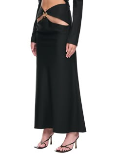 Cut-Out Brass Skirt (F22SK16-BLACK) Luxury Bias-cut Maxi Skirt For Night Out, Luxury Bias Cut Maxi Skirt For Night Out, Chic Luxury Bias Cut Maxi Skirt, Luxury Relaxed Bias Cut Maxi Skirt, Luxury Bias Cut Maxi Skirt For Spring, Long Cut Out Skirt, 2000s Party, Christopher Esber, Long Cut