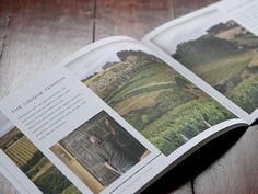 an open book on a wooden table with pictures and text about the landscape in it