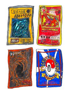 four different types of pokemon trading cards in colored ink and watercolor on white paper