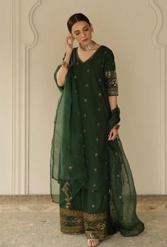 Emerald Green Desi Outfit, Latest Pakistani Suits Designs 2024, Full Sleeves Suit Designs, Mehndi Colour Suit Design, Saree With Short Hair, Outfit From Scratch Indian, Mehndi Outfit Ideas, Pakistani Salwar Suits, Fancy Lehenga