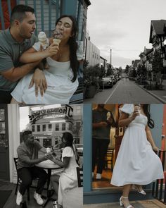 black and white photos of people eating ice cream in different locations around the world,