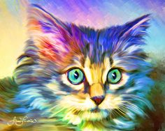 a painting of a multicolored cat with blue eyes looking at the camera while laying down