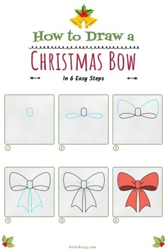 Step by step images demonstrating a how to draw a Christmas bow - A Drawing Lesson for Kids! Easy Draw Christmas Pictures, How To Draw A Bow On A Present, Cute Easy Drawings Christmas, How To Draw A Nutcracker Step By Step, How To Draw Christmas Lights Easy, How To Draw Mistletoe Easy, How To Draw A Christmas Ornament, How To Draw Ornaments Step By Step, How To Draw Holiday Stuff