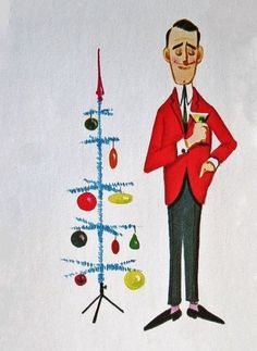 a drawing of a man in a red suit standing next to a christmas tree