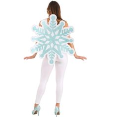 a woman in white and blue is holding a snowflake