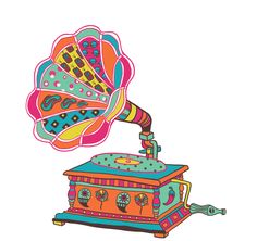 an old fashioned record player with colorful designs on it