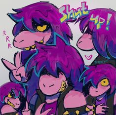 some very cute cartoon characters with purple hair