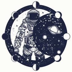 an astronaut standing in front of the moon with planets and stars on it's side