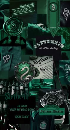 green and black collage with different items in the background, including an image of a clock