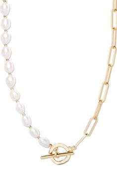 Complete your look with the modern allure of a distinctive necklace split between 14-karat gold-plated chain links and lustrous freshwater pearls. 18" length Toggle closure Pearl size: 9.5–10mm 14k-gold plate/freshwater pearl Imported Elegant Gold Pearl Necklace With Lobster Clasp, Gold Pearl Elegant Toggle Necklace, Elegant Gold Toggle Necklace With Pearl Charm, Gold Necklace With Baroque Pearl And Paperclip Chain, Gold Toggle Necklace With Pearl Charm, Elegant Gold Pearl Toggle Necklace, Elegant Pearl Necklace With Chain Link, Pearl Chain Link Necklace, Modern Gold Pearl Necklace With Pearl Charm