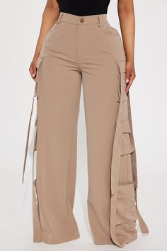 Available In Khaki And Olive. Wide Leg Pant High Rise Button & Zip Closure Hand Pockets Cargo Pockets Straps Detail Non Stretch 32" Inseam 42% Rayon 58% Polyester Imported | Archive Me Cargo Wide Leg Pant in Khaki size 1X by Fashion Nova Button Cargo Pants, Wide Joggers Outfit, Combat Pants Women, Ankara Cargo Pants, Khaki Cargo Pants Outfit, Fancy Pants Outfit, Pants With Lots Of Pockets, Combat Outfit, Cargo Pants Women Outfit