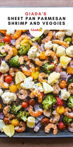 sheet pan parmesan shrimp and veggies with text overlay reading gladais sheet pan parmesan shrimp and veggies