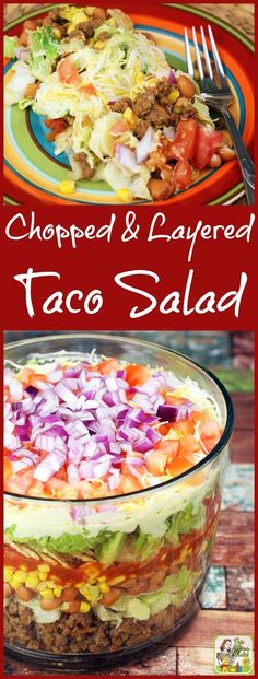 chopped and layered taco salad in a glass bowl