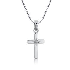 "From our \"Timeless Collection\" this cross pendant necklace is a beautiful keepsake piece featuring a tiny sparkling diamond that's just perfect for a First Communion, Confirmation, Christening, or Baptism gift. This piece is rhodium-plated to prevent tarnish for everlasting quality and floats on a 14\" or 16-18\" adjustable Italian box chain. Coordinating earrings are also available for a matching set. Matching Earrings: https://etsy.me/2IwyOH8 This necklace comes in our Timeless Collection g White Gold Cross Pendant For First Communion, White Gold Cross Pendant Necklace For First Communion, White Gold Cross Necklace For First Communion, Silver Cross Pendant Jewelry For Baptism, Silver Crucifix Necklace For Baptism, Personalized White Gold Cross Pendant Necklace, Personalized White Gold Cross Necklace, Sterling Silver Cross Pendant Necklace For First Communion, Sterling Silver Cross Necklace For First Communion