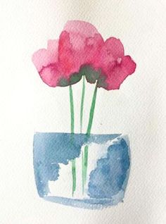 watercolor painting of three pink flowers in a blue vase