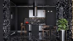 a black and white kitchen with marble flooring