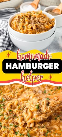 homemade hamburger helper recipe in a white bowl with the title overlay above it