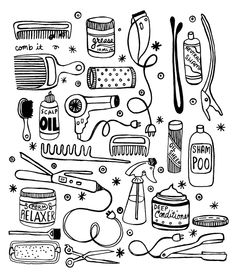 a black and white drawing of hair care items